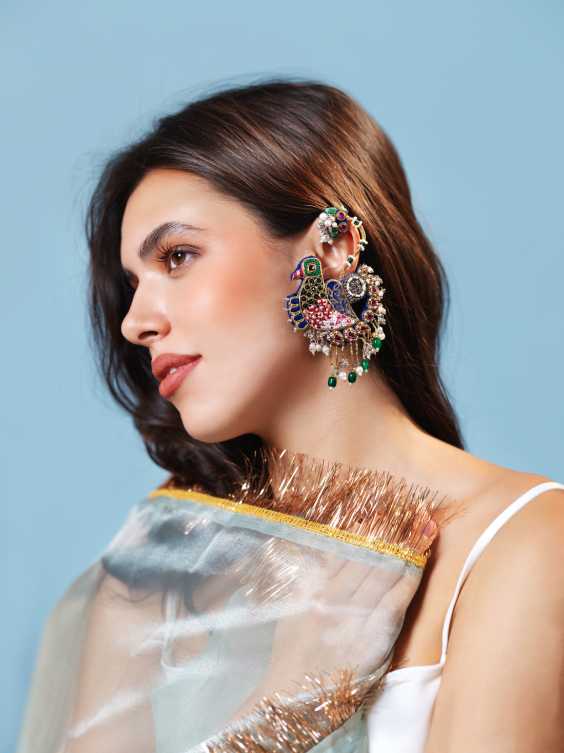 Priyadarshini- Zardosi embroidered earrings with sparrow motif