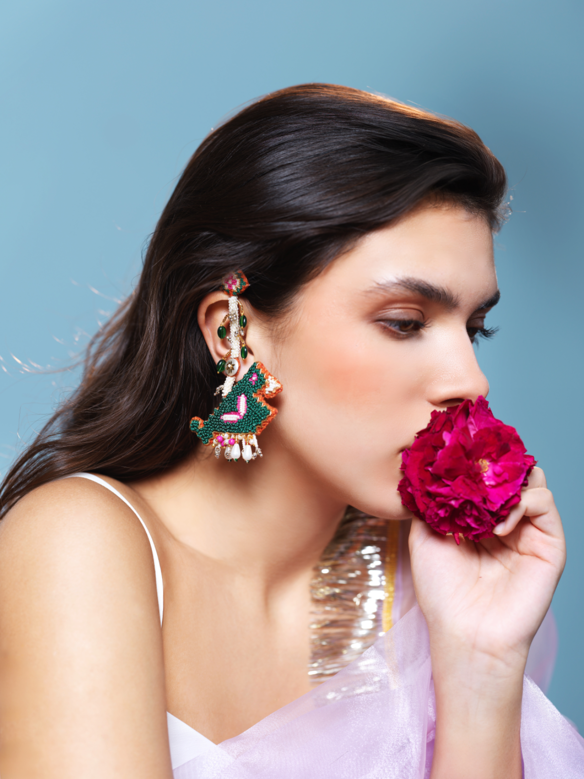 Rajyashree-Zardosi embroidered earrings with Patola Parrot motif!!