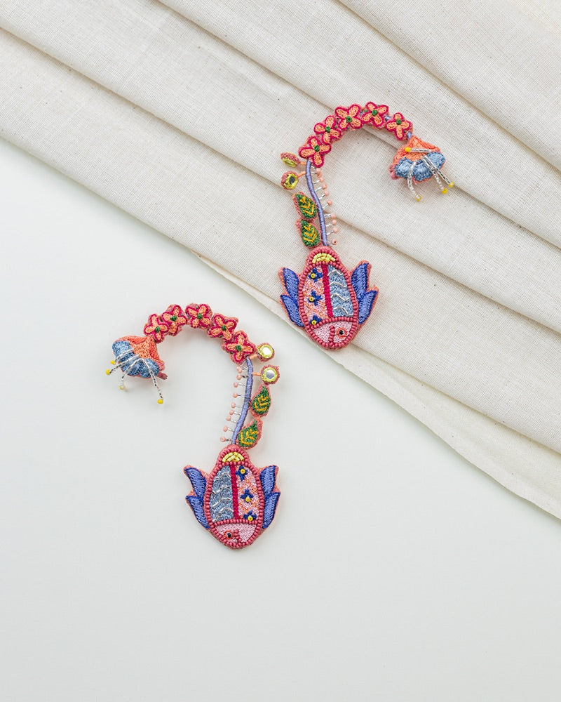 Madhuri!! Handcrafted fish and floral embroidered earrings