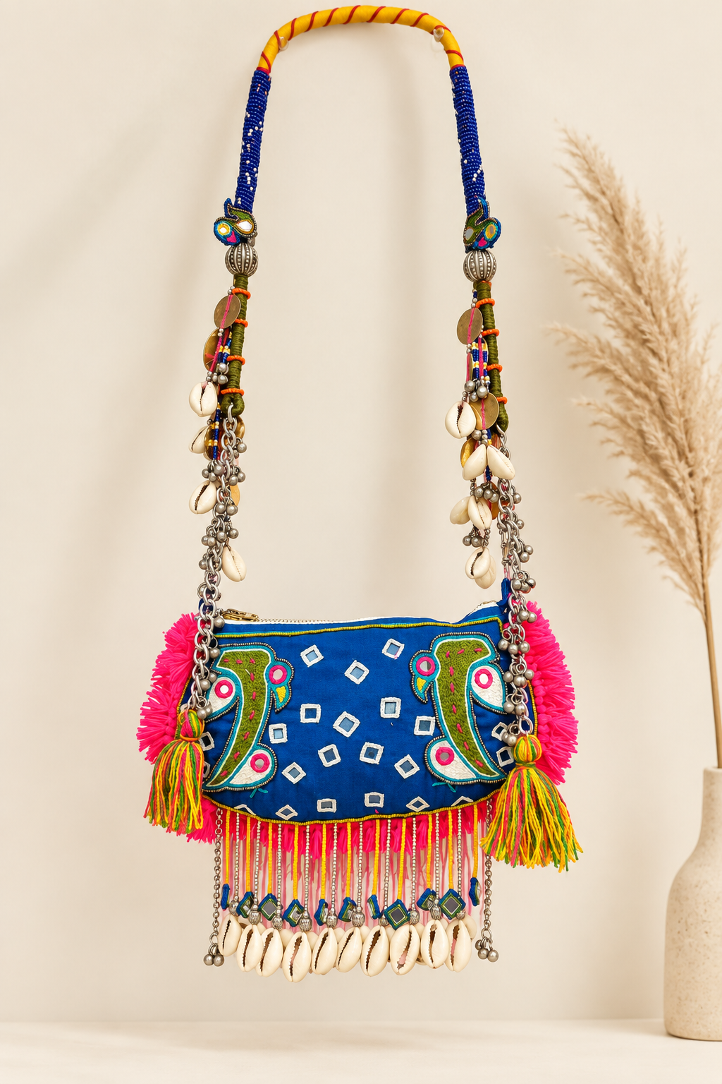 Sparrow embroidered bandhani traditional Sling/Kamarbandh phone pouch!!- blue