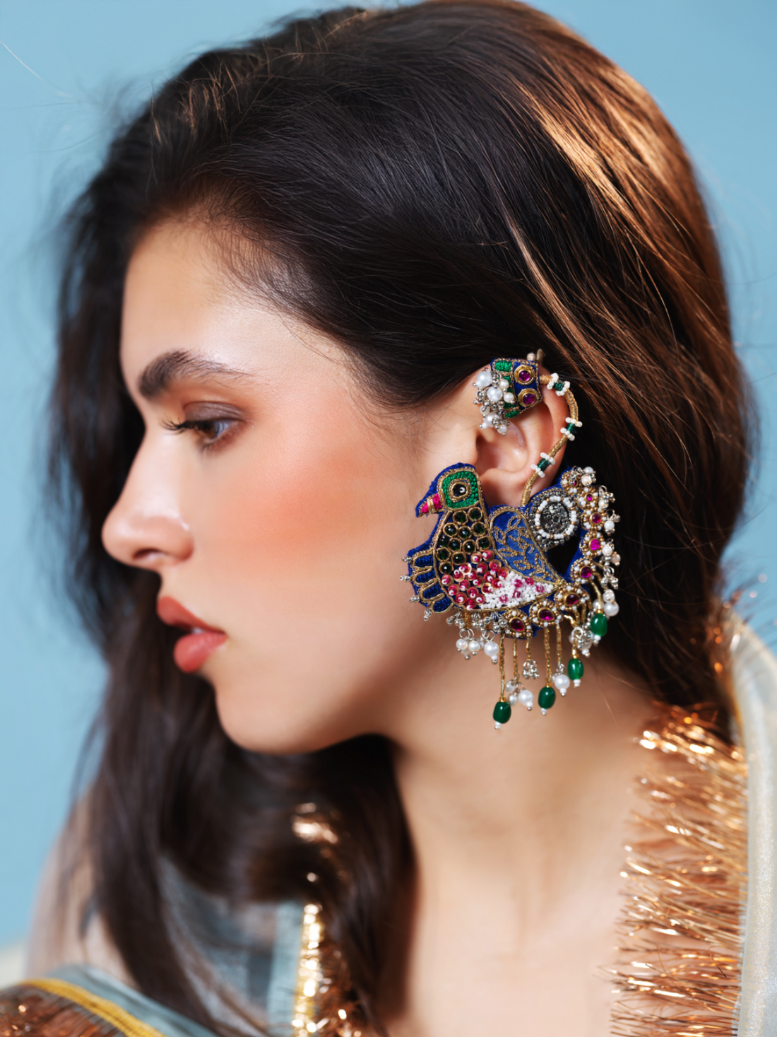 Priyadarshini- Zardosi embroidered earrings with sparrow motif