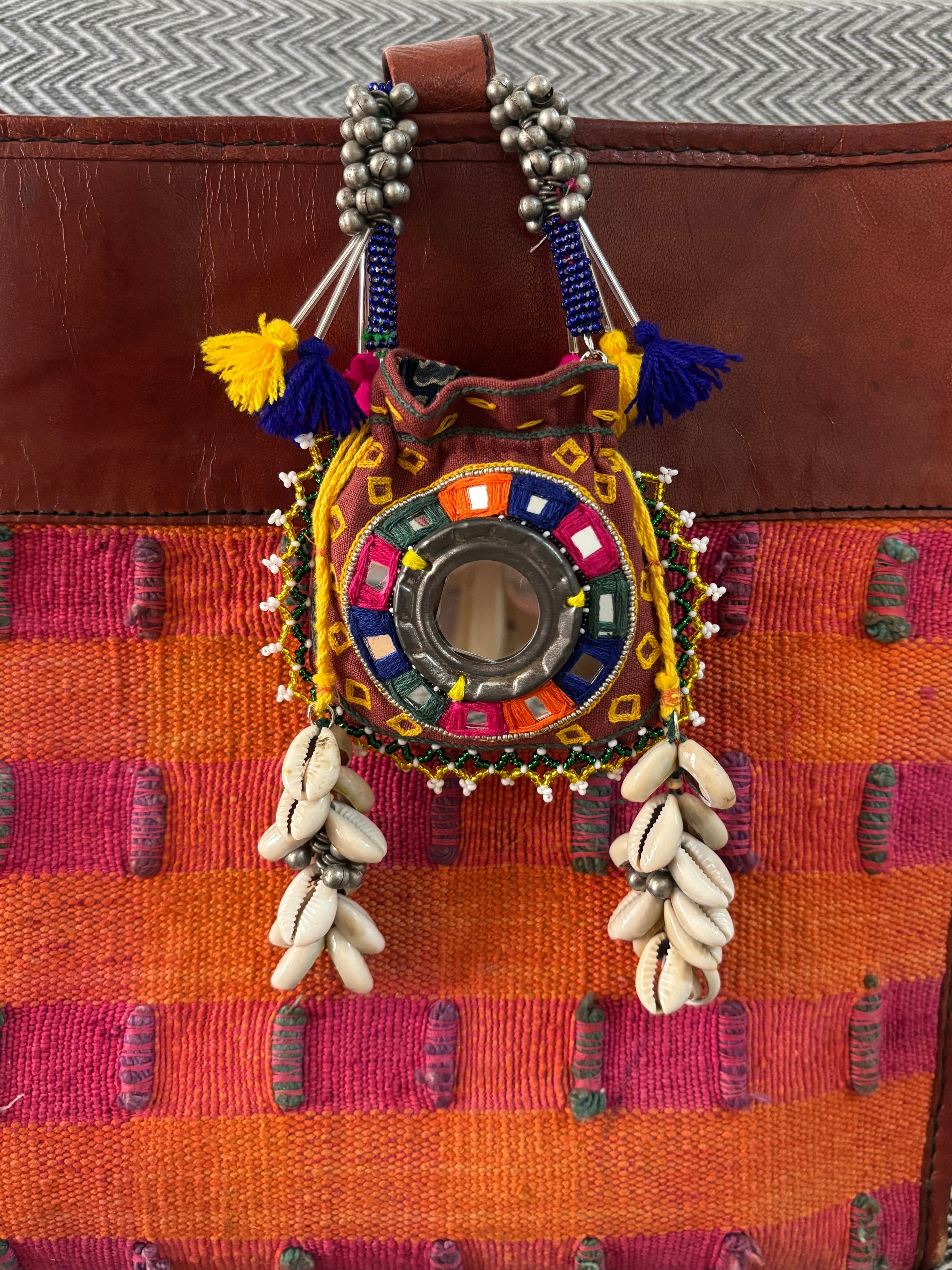 Bandhni with mirror embroidery Coin & Airpod Potli!!