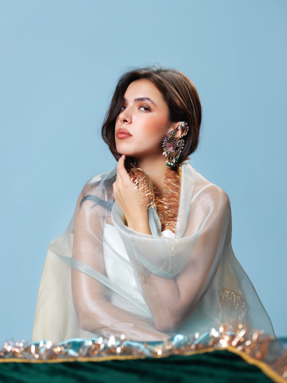 Priyadarshini- Zardosi embroidered earrings with sparrow motif