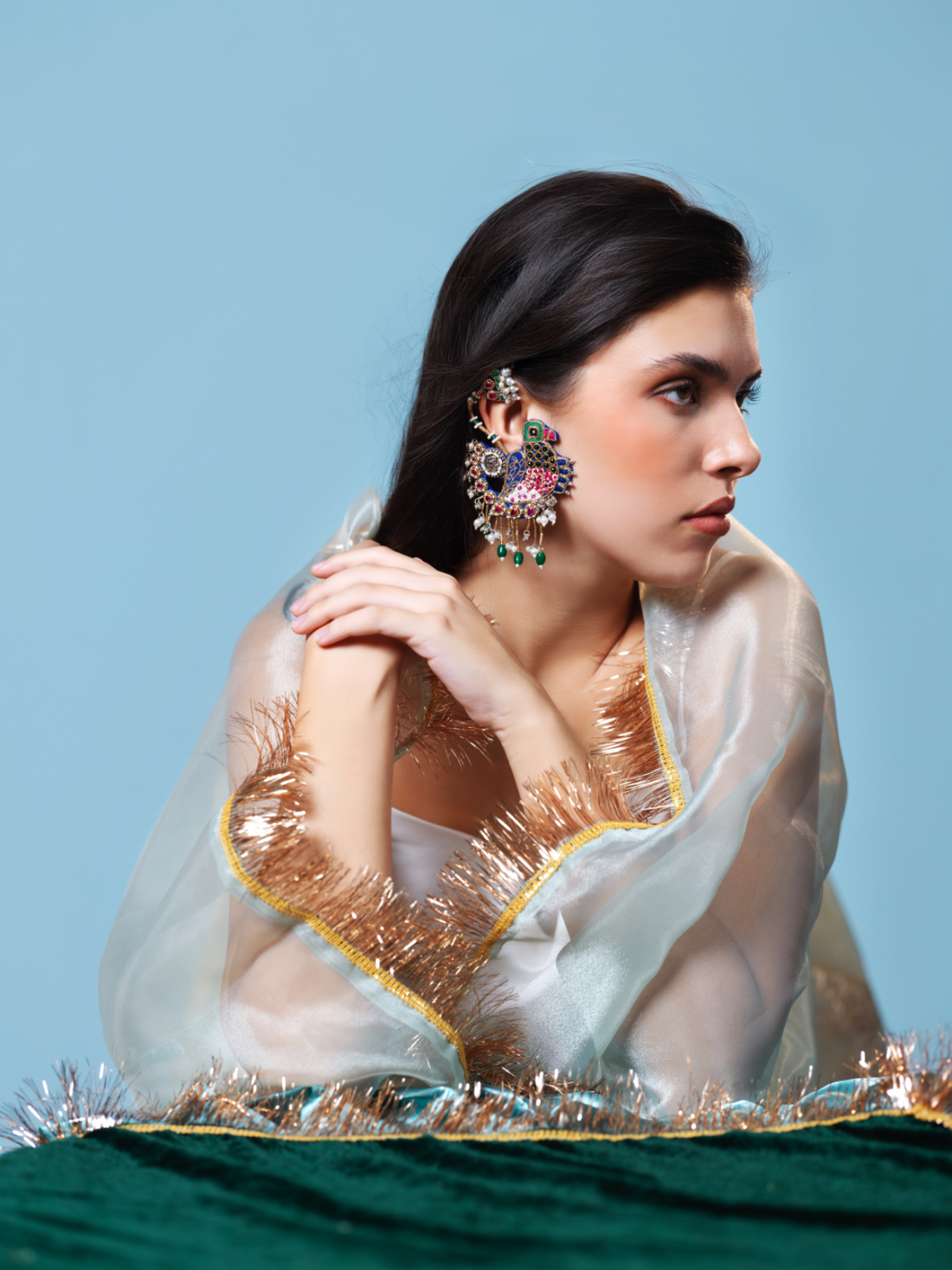 Priyadarshini- Zardosi embroidered earrings with sparrow motif