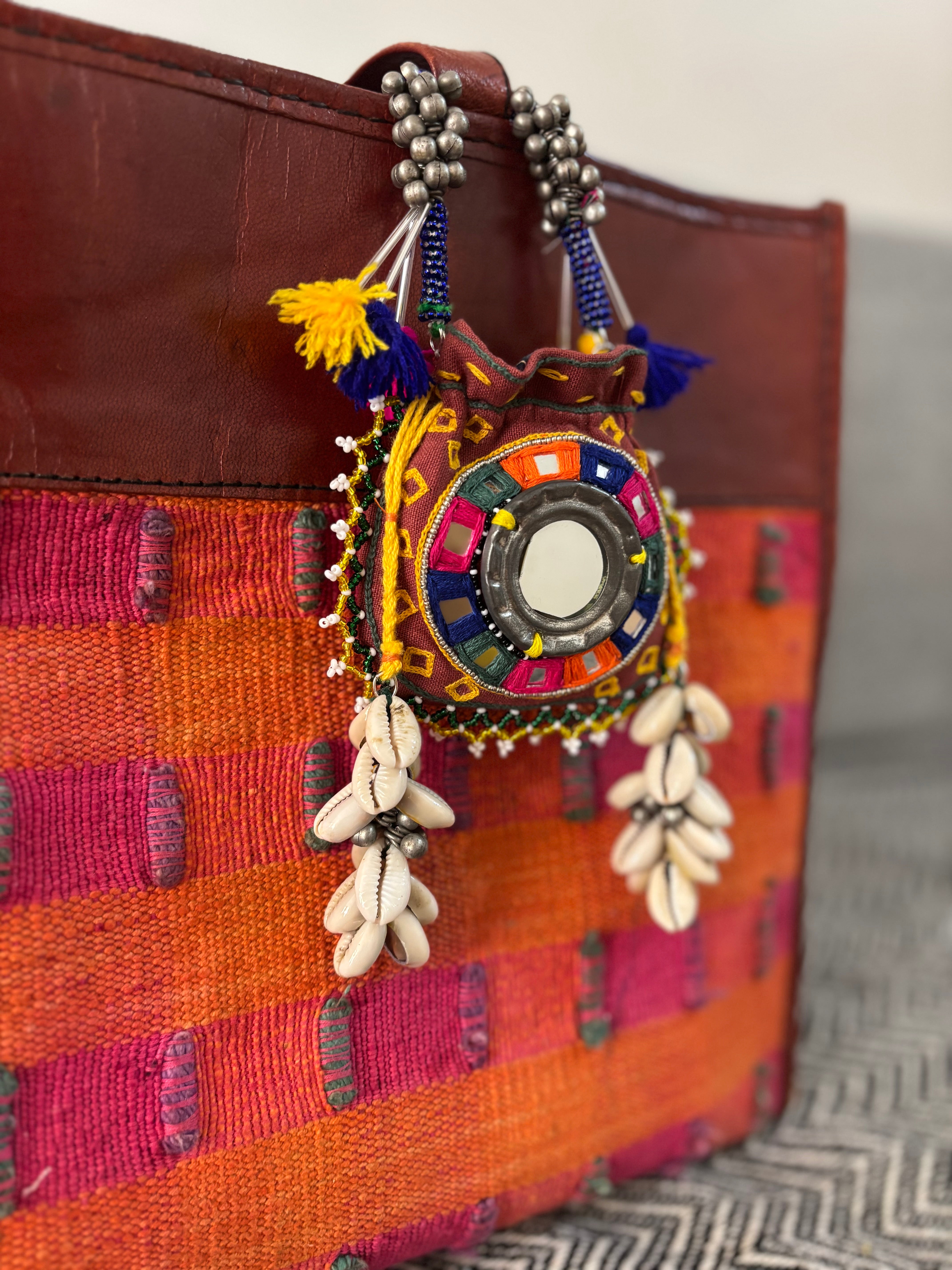 Bandhni with mirror embroidery Coin & Airpod Potli!!