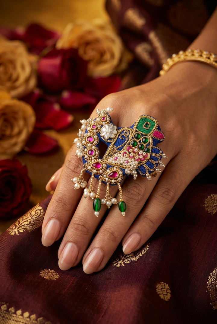 Priyadarshini handcrafted Zardosi sparrow finger Ring!!
