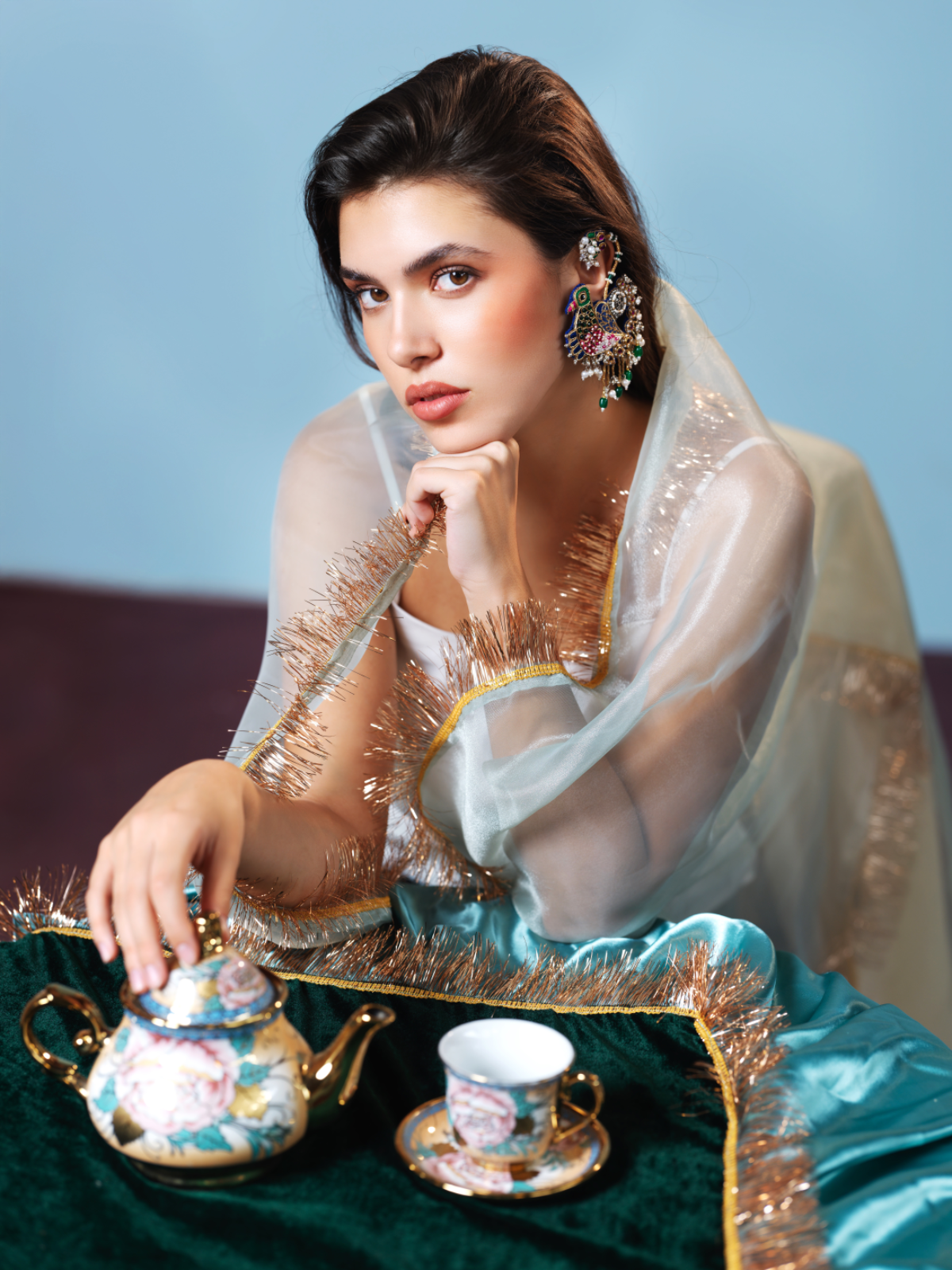 Priyadarshini- Zardosi embroidered earrings with sparrow motif