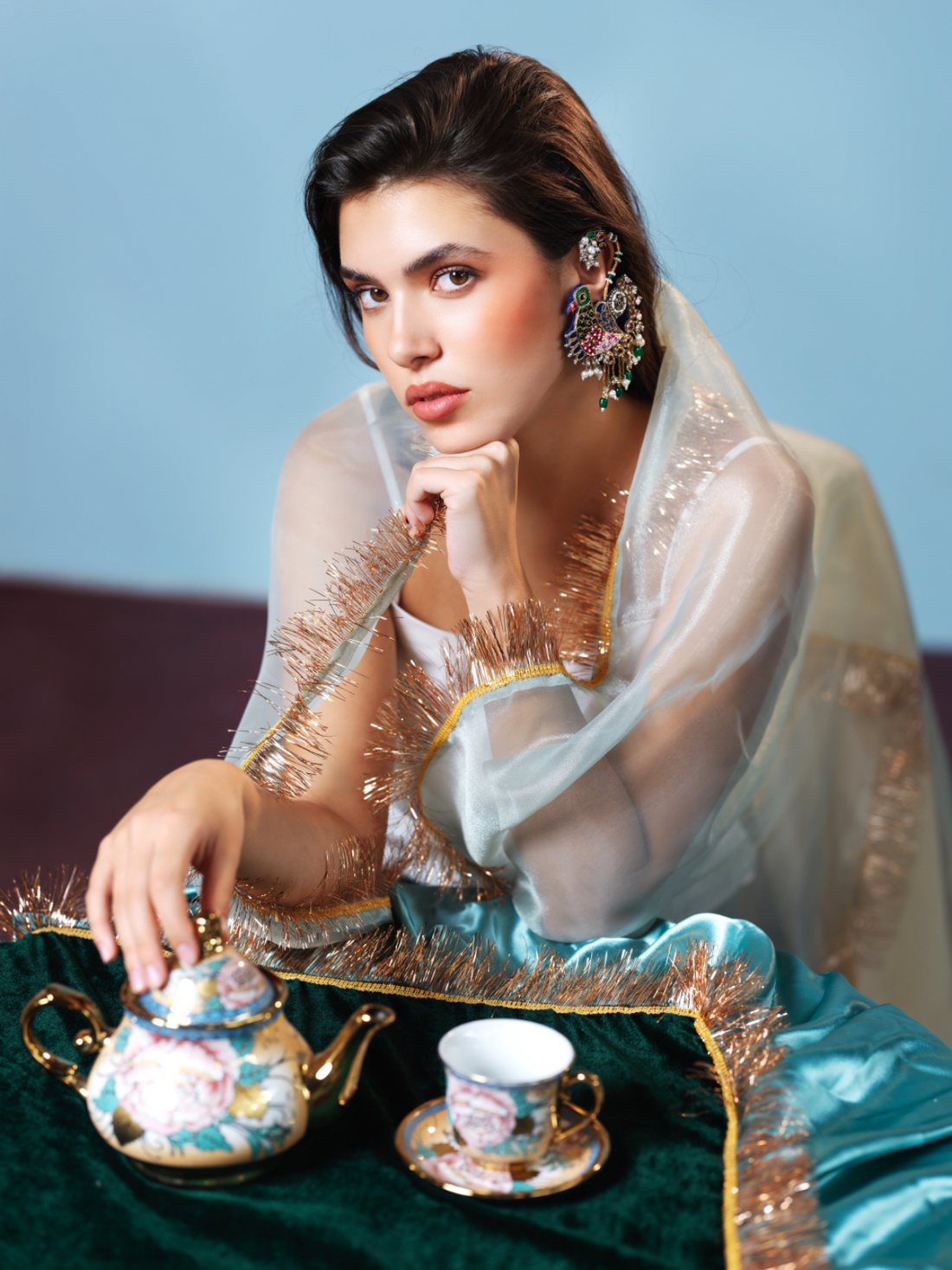 Priyadarshini- Zardosi embroidered earrings with sparrow motif