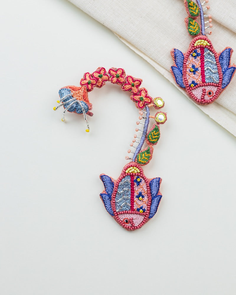 Madhuri!! Handcrafted fish and floral embroidered earrings