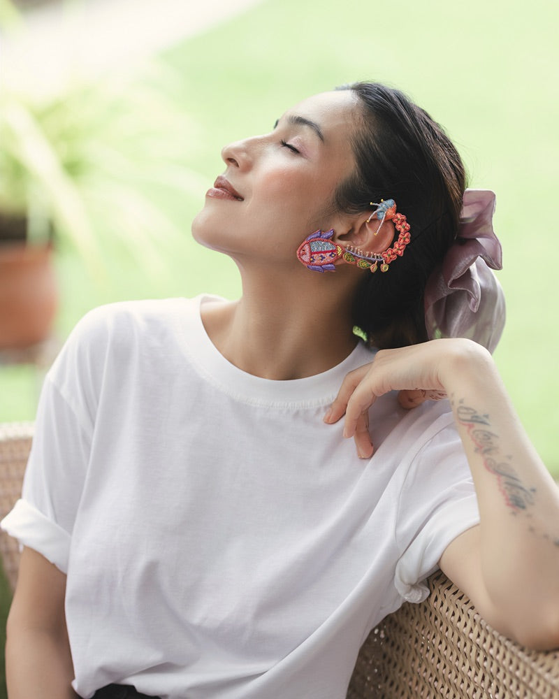 Madhuri!! Handcrafted fish and floral embroidered earrings