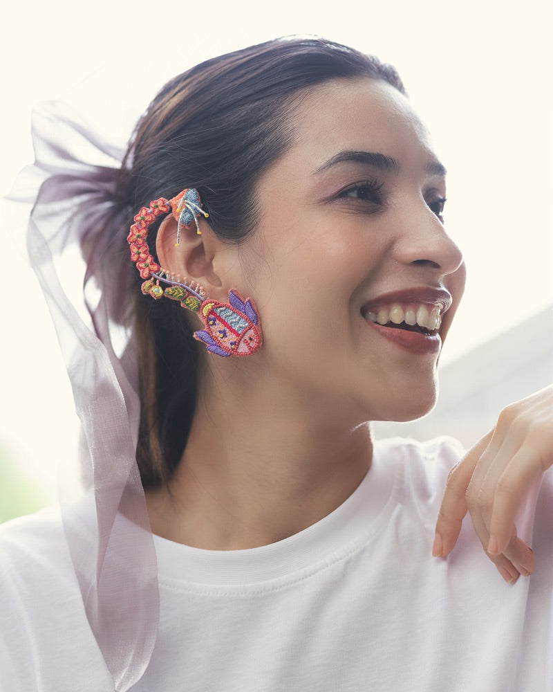 Madhuri!! Handcrafted fish and floral embroidered earrings