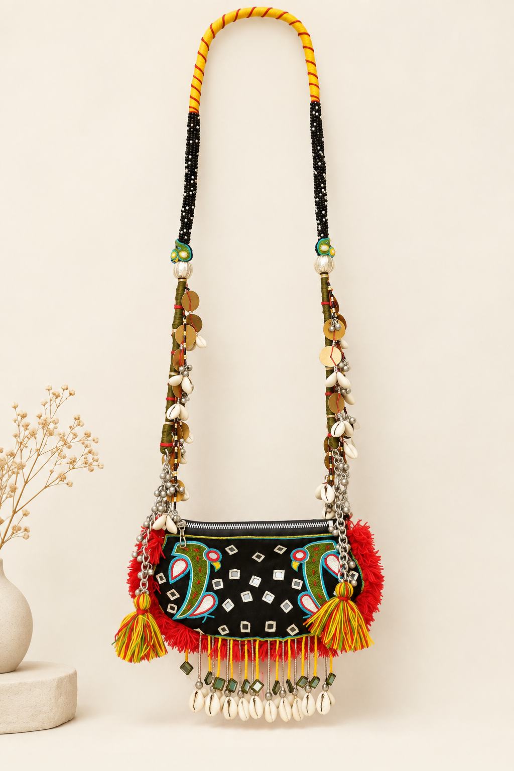 Sparrow embroidered bandhani traditional Sling/Kamarbandh phone pouch!!- black