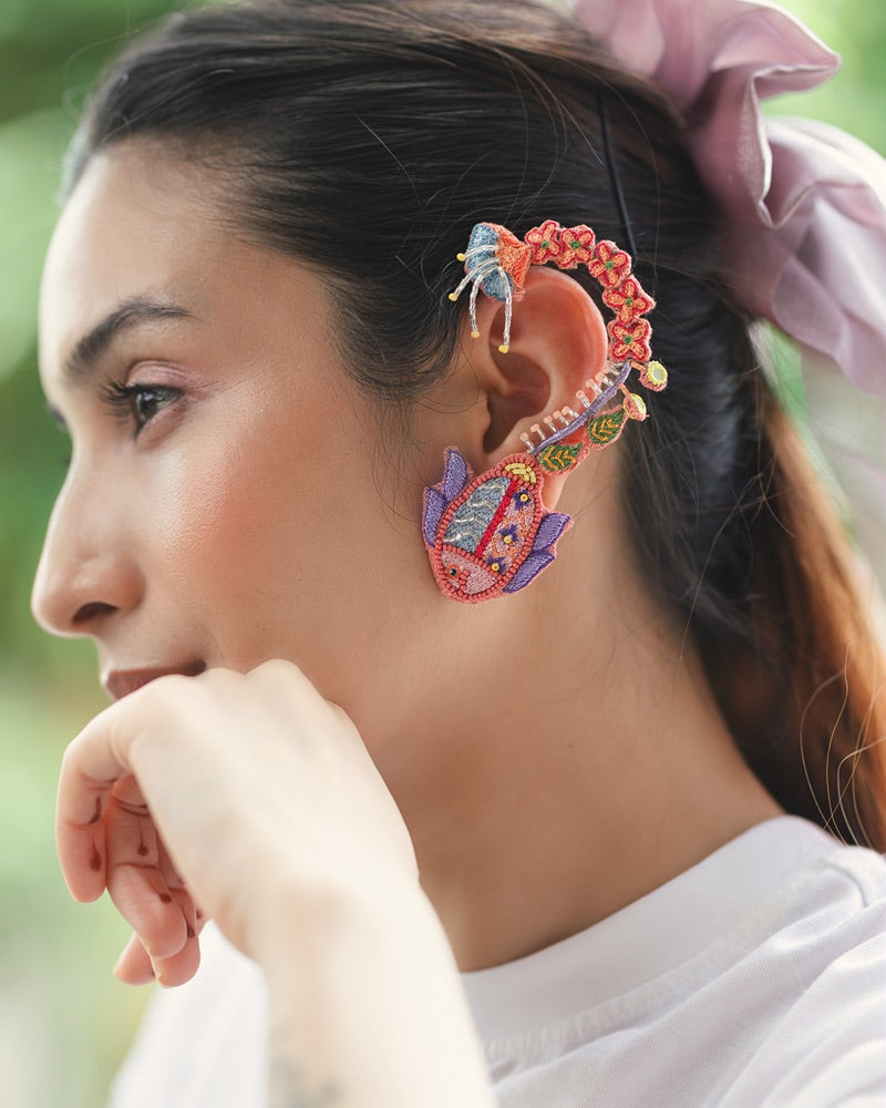 Madhuri!! Handcrafted fish and floral embroidered earrings
