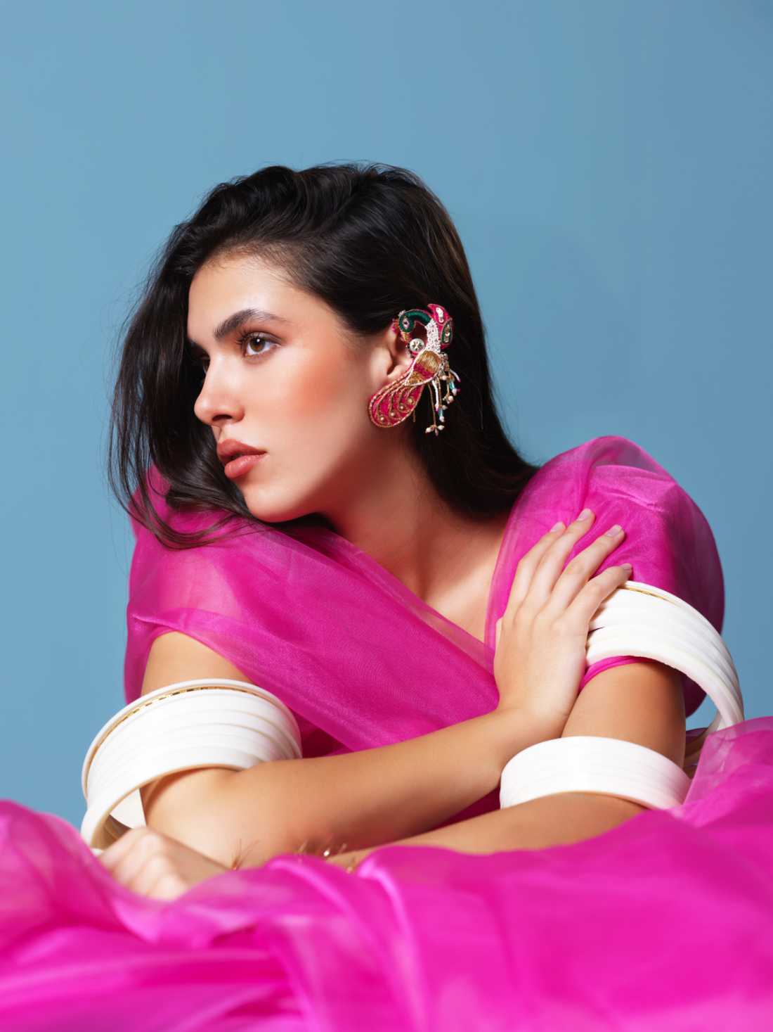 Bhagyahsree- Zardosi embroidered earcuffs with Peacock motifs