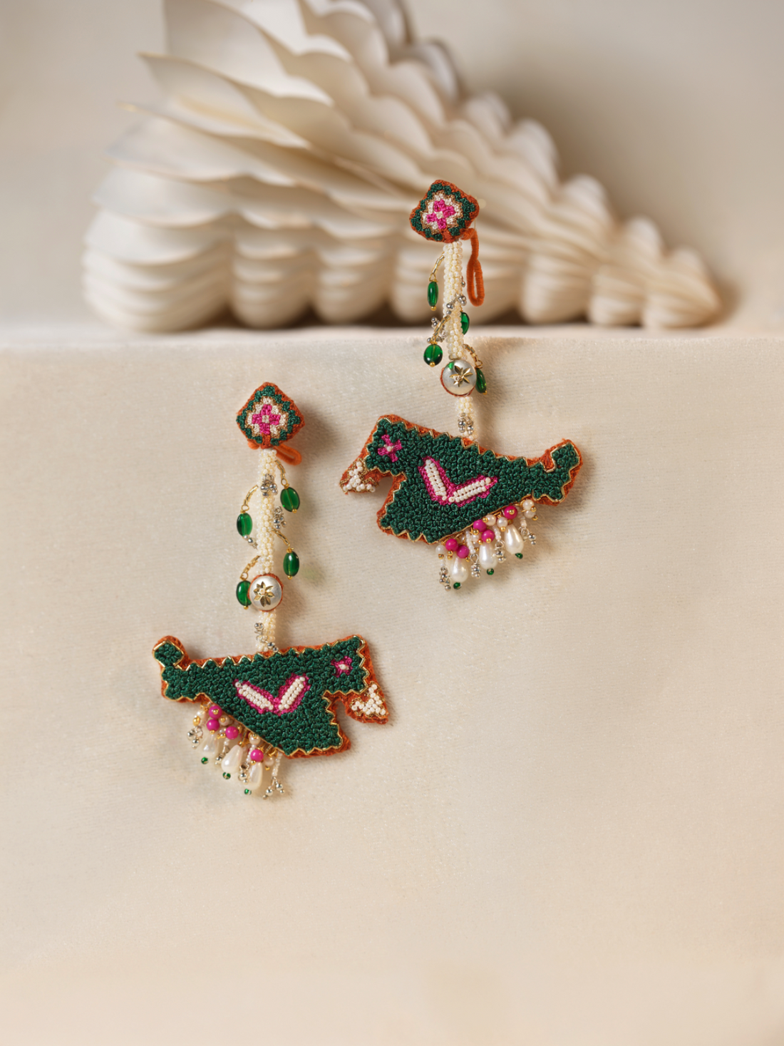 Rajyashree-Zardosi embroidered earrings with Patola Parrot motif!!