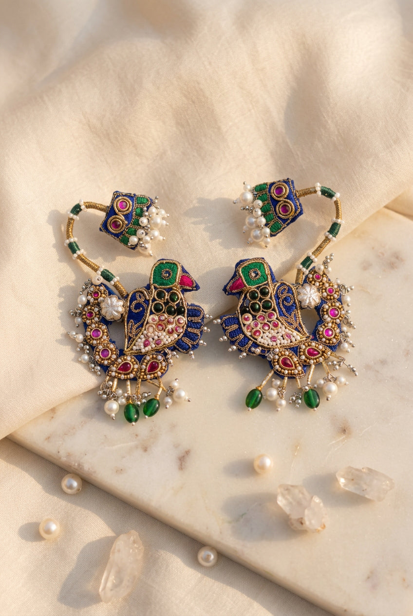 Priyadarshini- Zardosi embroidered earrings with sparrow motif