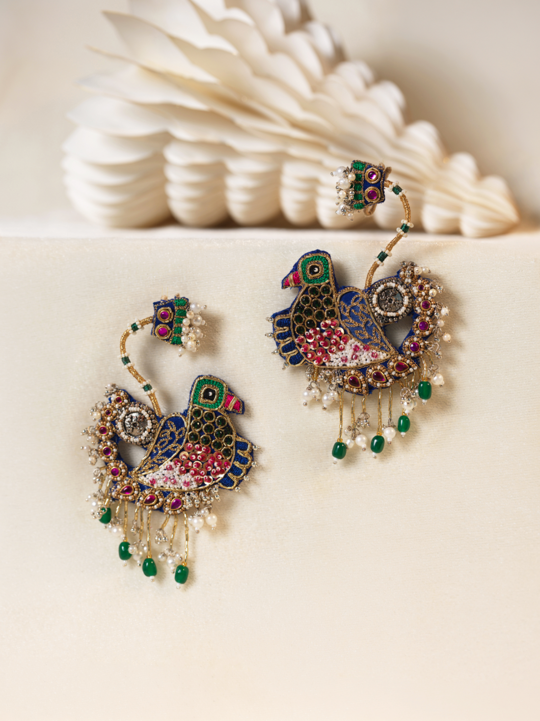 Priyadarshini- Zardosi embroidered earrings with sparrow motif