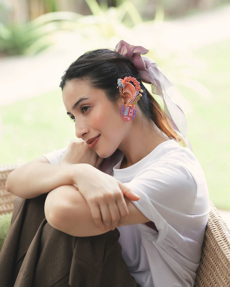 Madhuri!! Handcrafted fish and floral embroidered earrings