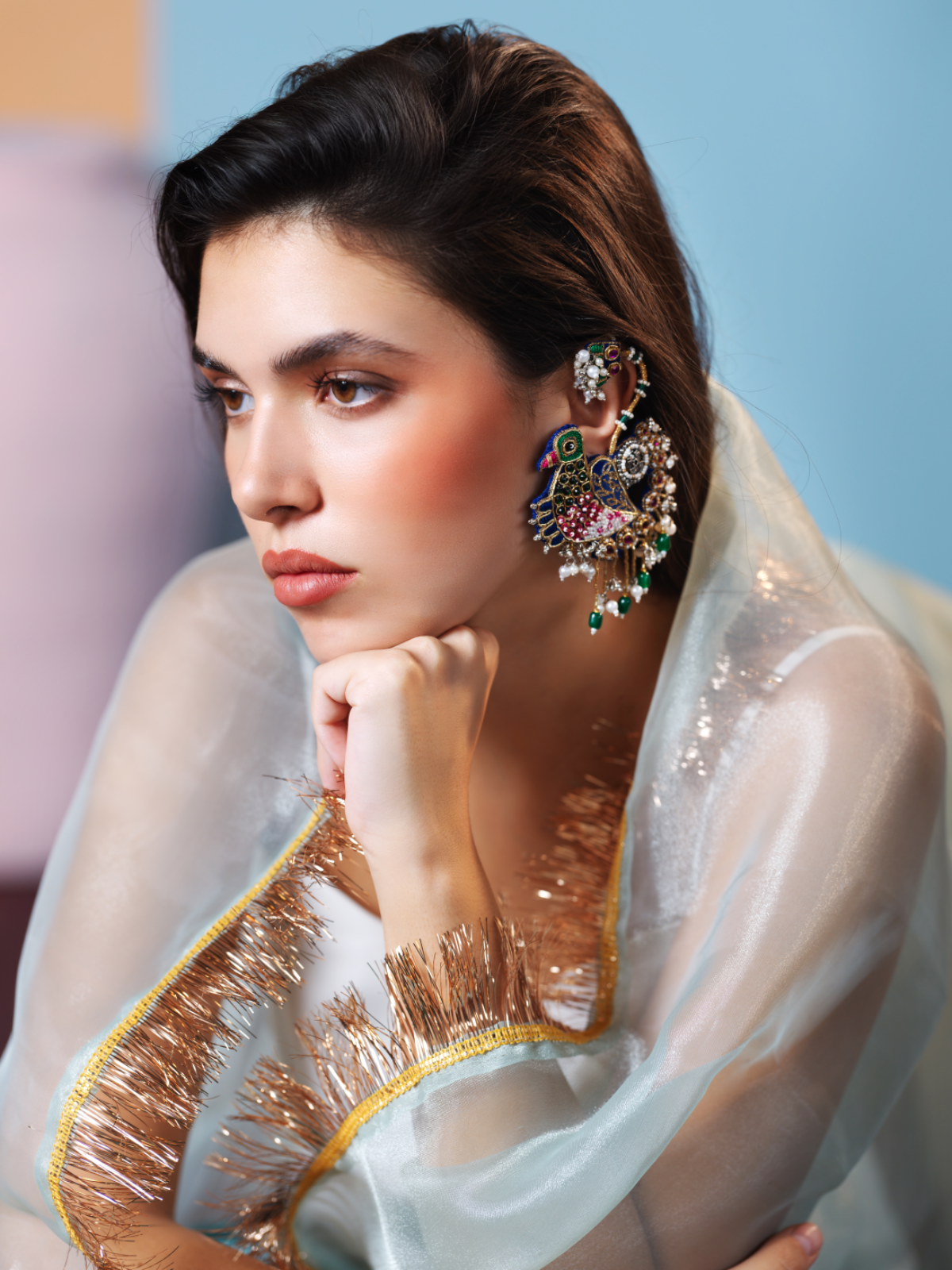 Priyadarshini- Zardosi embroidered earrings with sparrow motif