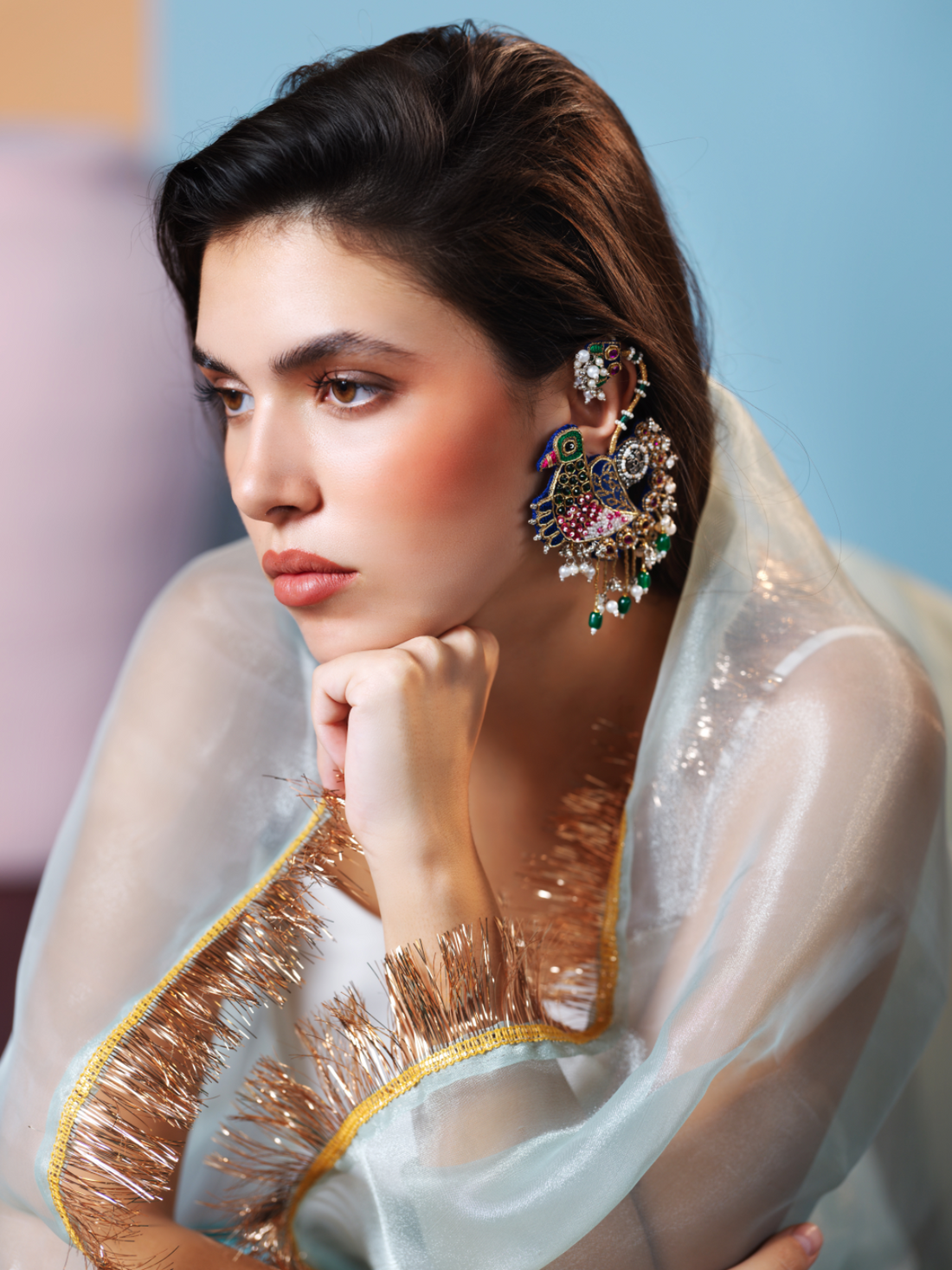 Priyadarshini- Zardosi embroidered earrings with sparrow motif